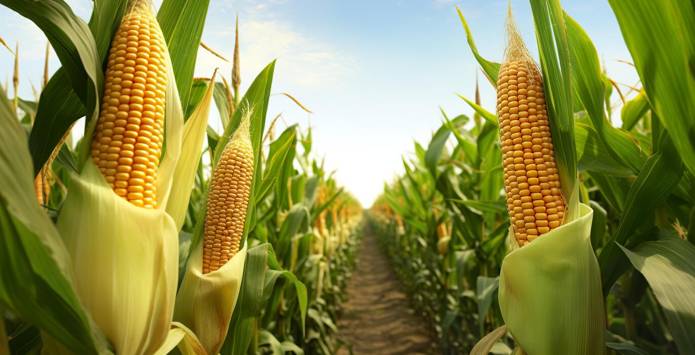 Close-up of corn cobs growing in a maize field