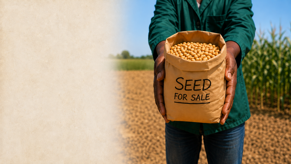 Farmer holding a paper bag labeled “SEED FOR SALE” in a cornfield