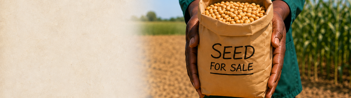 Farmer holding a paper bag labeled “SEED FOR SALE” in a cornfield