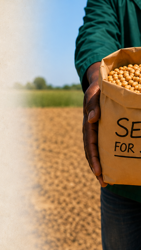 Farmer holding a paper bag labeled “SEED FOR SALE” in a cornfield