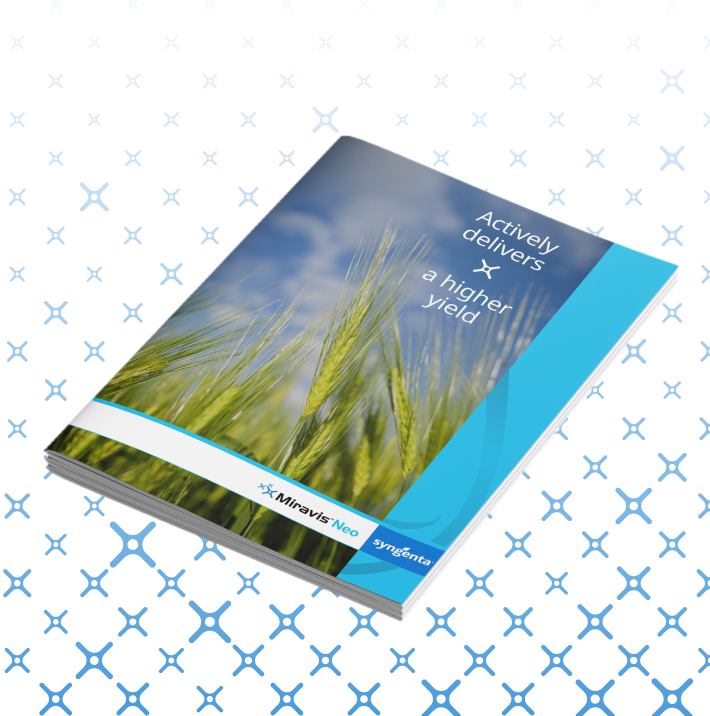 A picture of our guidebook for Miravis® Neo. On the front cover there is the title “Actively Delivers x A Higher Yield’ overlaid over healthy-looking crops.