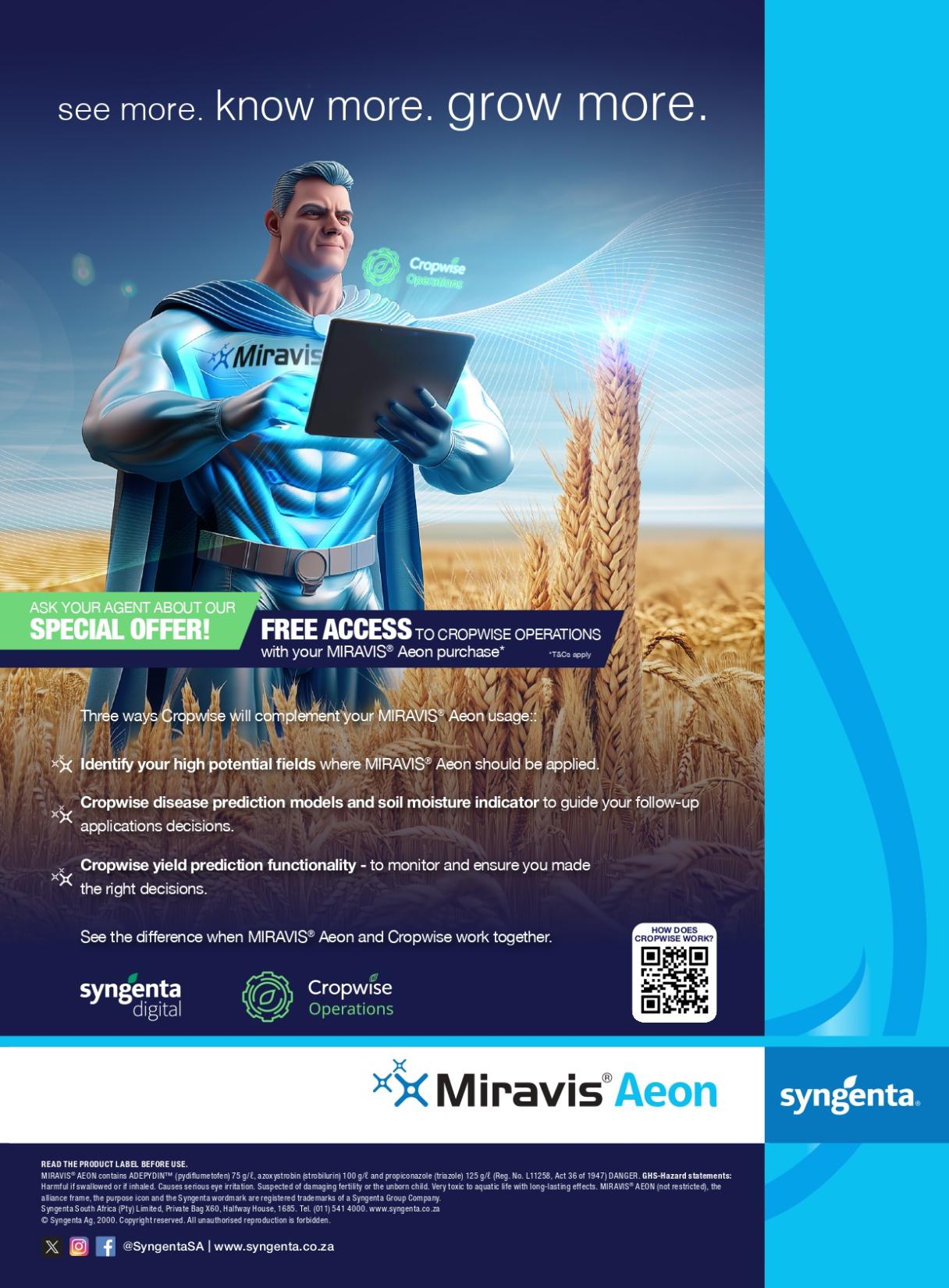Three ways Cropwise enhances your use of Miravis Aeon Identify your high-potential lands where Miravis Aeon will have the greatest impact. Plan follow-up applications smartly using Cropwise's disease prediction models and soil moisture indicators. Monitor yield potential with Cropwise's yield forecast, so you can be confident you've made the right decisions.